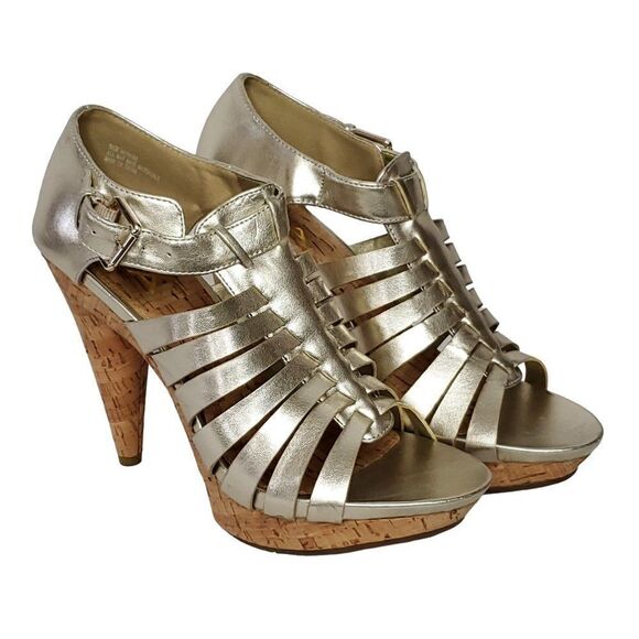 Mia Strappy Heels 6 Metallic Gold Open Toe Cone Heel Evening Dance Party - Picture 1 of 8